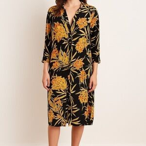 Zara Floral Button Down Dress Black Yellow Orange Medium Resort Boho Chic